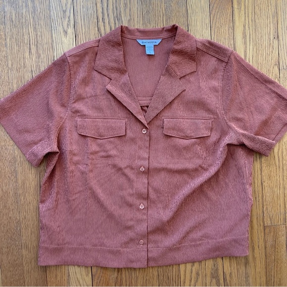Athleta Tops - Athleta Echo Top Copper Button Down Short Sleeve 587908 Size Large NWOT